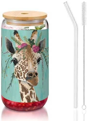 MDATT Jirafa con estampado floral, vasos de 16 onzas con tapas y popotes, bonitos vasos de agua para jugo, cerveza, café, té
