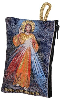 NKlaus Rosenkranz Tasche 7x10cm – Jesus der Barmherzigkeit, mit Aufschrift Gesù, confido in Te, goldbestickt mit Reißverschluss – religiöses Etui