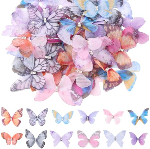 SOFPLATE 12 Stil 60 Stück Bunte Schmetterlinge Deko Schmetterling Brosche Stoff Schmetterlinge zum Nähen 3D Organza Gaze Flügel Wanddekorationen Für Hochzeit Party DIY Basteln Kleidung Ornament