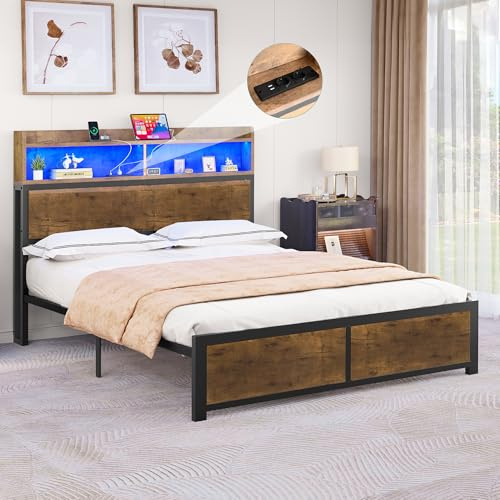 YITAHOME Bed Frame,LED with Headboard,USB Ports & Charging Outlets,Metal Platform Bed Frame with 2 Tiers Storage Shelves, No Box Spring Needed King Size Wood color