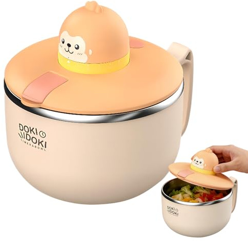 PORFOYO Ramen skål med lock, 1 200 ml snabbnudelskål med timer, ramen skål i rostfritt stål, pastaskål för snabbnudlar, bento, soppa, lunch (apa)