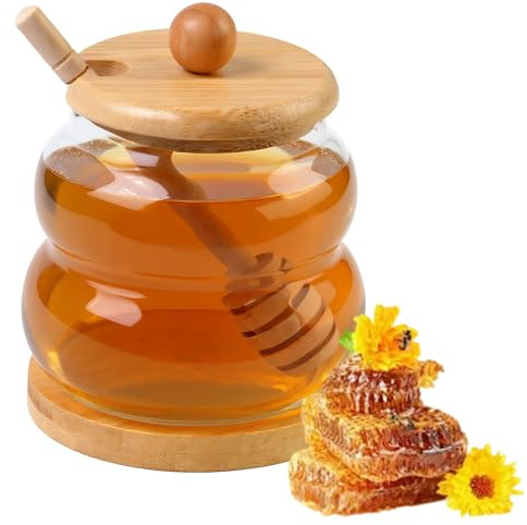 Kaiyzo Honigglas aus Glas mit Holzdeckel (330 ML) Honigtopf mit Schöpfkelle Tischdekoration