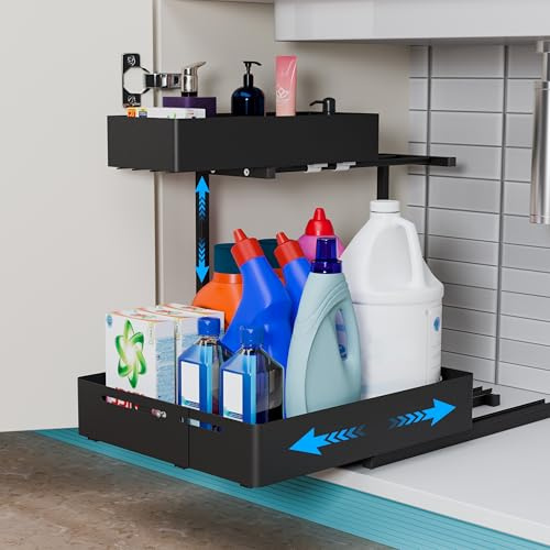 Lauyeboho 2-stufiges Unterbau-Ablagegestell-Set, höhen- und breitenverstellbares Unterbau-Ablagegestell, geeignet für Badezimmer, Küchen, Waschküchen, Vorratskammern (schwarz)