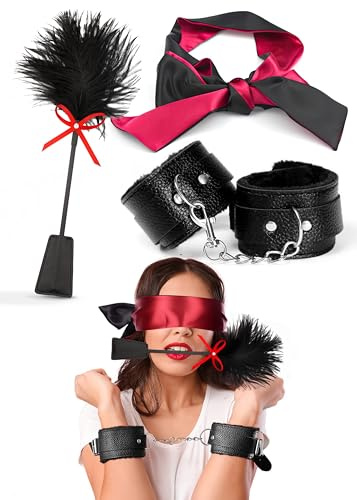 BDSM Handcuffs for Sex Play, Spanking Feather Tickler and Adjustable Satin Sex Eye Mask 59 Blindfold - Bondage Gear and Accessories for Couples
