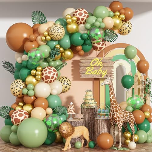 129Pcs Safari Balloon Arch Kit Sage Dark Green Brown Sand White Nude Gold Balloons Garland Animal Monstera Leaves Print Jungle Giraffe Lion Birthday Party Decor for Boys Forest Woodland Baby Shower