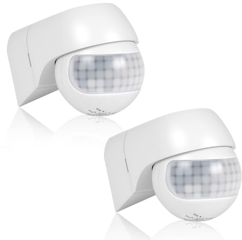 AXFEE 2 Pezzi Rilevatore di Movimento a Infrarossi Impermeabile- Bianco | Sensore Infrarossi, Sensibilità 3-2000 Lux, Rilevatore di Movimento da Esterno IP44, Portata 180°, per uso interno ed esterno