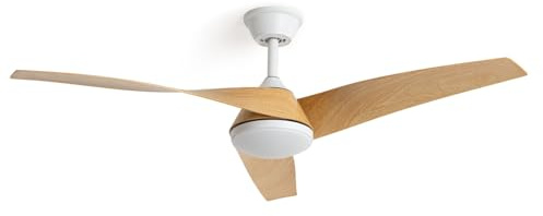 LEDKIA LIGHTING Ventilador de Techo Eubea Blanco y Madera con Luz LED CCT 1440 lm; Motor DC 30W Silencioso y Eficiente; 3 Aspas Curvas; 6 Velocidades; 132 cm; Mando a Distancia; Estancias Grandes