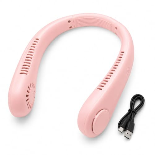 RAYPOW Ventilador de Cuello Portátil Ajustable, 3 Velocidades, Batería 1200 mAh, USB-C 5 V/1 A 4 W, Manos Libres, Ventilador Personal Recargable para Viaje Oficina y Deporte, Rosa