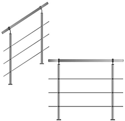TIBU Edelstahl Handlauf Geländer 1m - 6m Treppen Brüstung Balkon, Länge 5.5m inkl. 6 Pfosten 3 Querstangen)