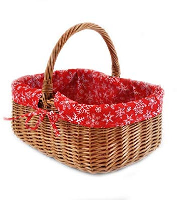 MyBer® Korb Weidenkorb Einkaufskorb Picknickkorb 33/23/13cm (27cm mit Henkel). Stabiler Tragekorb aus Weide Vollweide braun mit Stoffeinlage mit Wintermotiv K12-014-rot