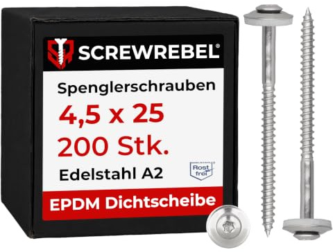 200 Stück SCREW REBEL Spenglerschrauben 4,5 x 25 mm - Edelstahl A2, Inox mit EPDM-Dichtscheibe Ø15mm TX 20