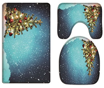 A.Monamour Badezimmer Badematte 3 Teilig Set Blau Sternenhimmel Hintergründe Weihnachten Kiefer Gedruckt Kissen Pads Bad Matte Teppich Flanell Saugfähig Badteppiche Badvorleger Badgarnitur WC Vorleger