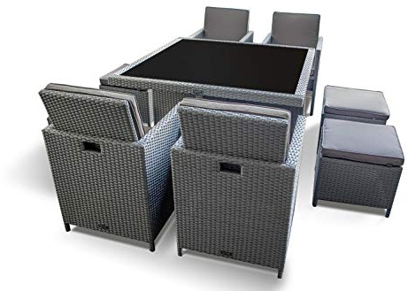 Ragnarök-Möbeldesign PolyRattan - DEUTSCHE Marke - EIGNENE Produktion - 8 Jahre GARANTIE auf UV-Beständigkeit Gartenmöbel Essgruppe Tisch + 4 Stuhl 4 Hocker 12 Polster Platinumsilber Grau