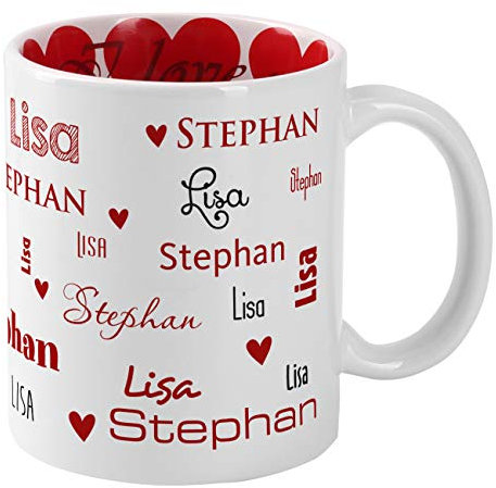 Herz & Heim® Herz-Tasse mit Namen bedruckt und vielen Herzen und I Love you im Inneren des Kaffeebechers - Motivauswahl Namenstasse