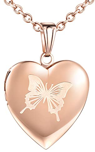 MicVivien Edelstahl Herz-Medaillon Foto Herzkette für 2 Fotos, Herz-Anhänger zum Öffnen Bild/Fotos befüllbar Amulett Halskette mit Einfach/Schmetterling/Lebensbaum Muster - Roségold