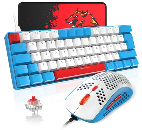 T60 Ensemble Clavier et Souris de Jeu Filaire, Clavier Mécanique 60% Mini 62 Touches, 19 Lumières Arc-en-ciel, UK Layout + Souris de Jeu PS4 6400 DPI + Tapis de Souris pour PC,Mac - Switch Red/Bleu