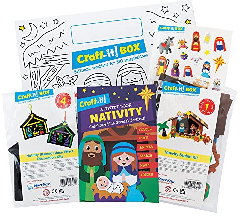 Baker Ross CBS025 Krippen-Kunst und Bastelset für Kinder – zwei lustige Krippenmotive, kreative Kits, Aufkleber und Aktivitätenbuch für Jungen und Mädchen