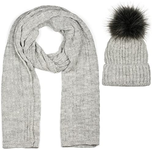 styleBREAKER Unisex Strick Schal und Mütze Set mit Flecht Muster, Thermo-Fleece Innenfutter, Winter 01018212, Farbe:Hellgrau meliert