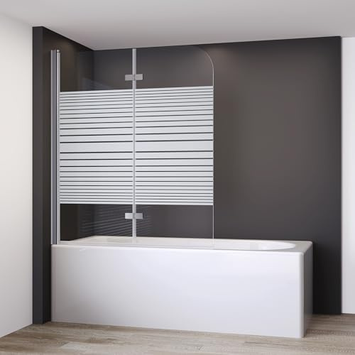 IMPTS Duschabtrennung mit Milchglas Streifen 120x140cm, Duschwand Faltwand für Badewanne 2 TLG, Badewannenaufsatz mit 6mm teilsatiniert Nano ESG Glas 180°Schwingen