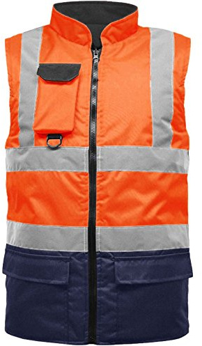 Hi Viz Bodywarmer Reversible Fleece Lined High Visibility Gilet Hi Vis Reflective Waterproof Workwear Padded Vest Security Safety Wear Warm Waistcoat (UK, Alpha, M, Regular, Regular, Orange/Navy)