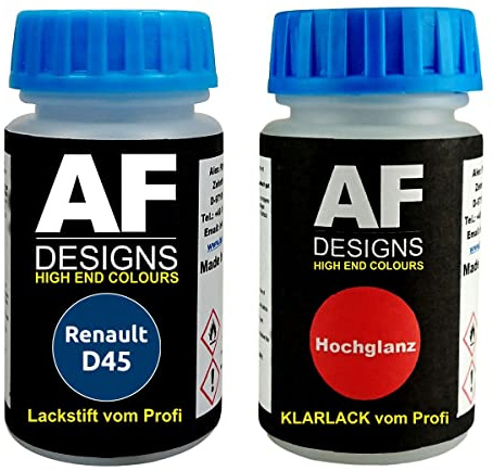 Stylo de retouche compatible avec Renault D45 Bleu Vibrato Nacre Metallic + Set de peinture automobile comprenant vernis transparent et peinture de base, 50ml chacun