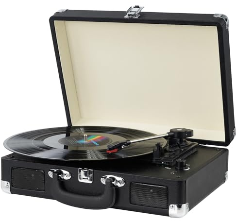 Vinyl Record Player, 3 Speeds Belt Driven Suitcase Portable Turntable for Vinyl Records with Built-in Speakers/RCA Output/Aux in/Headphone Jack/ 45 Adapter Black