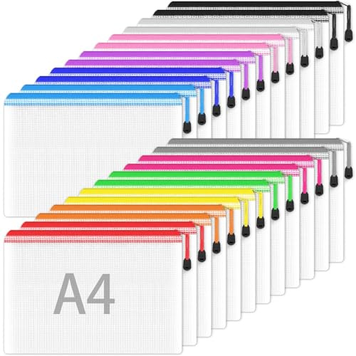 Smarpau 24PCS Plastic Wallets A4, Plastic Document Folders A4 Zip Wallet, Zip Lock Bags Mesh Zipper Bag for School Office Travel Storage (12 Colour)