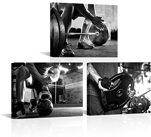 RnnJoile 3-teiliges Fitnessstudio, Leinwand, Wandkunst, Langhantel, Workout, Bilddrucke, schwarz-weiß, Sportmalerei für Zuhause, Fitnessstudio, fertig zum Aufhängen, 30.5x40.6 cm (klein)