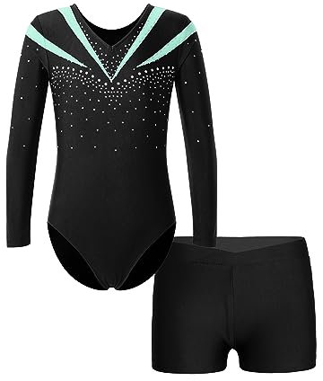 JEATHA Turnanzug Mädchen Gymnastikanzug Kinder Glänzende Strass Tanzbody Ballettbody mit Shorts Gymnastik Leotard Trikot Body Tanzkleidung Ballettanzug F Hellgrün 158-164