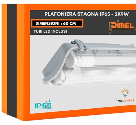 DI.M.EL. S.R.L. Plafoniera Stagna per 2 tubi LED da 60 cm IP65 impermeabile illuminazione perfetta per garage, seminterrato, uffici (Doppio tubo, Luce fredda 6500K)