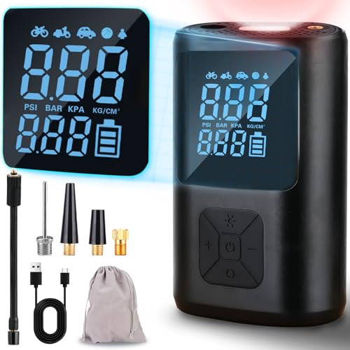 motomoyo Luftkompressor, 6000mAh Wiederaufladbarer Fahrradpumpe 150 PSI Elektrische Luftpumpe Akku Kompressor mit LED-Licht/USB-Powerbank für Auto Fahrrad Motorrad BäLle