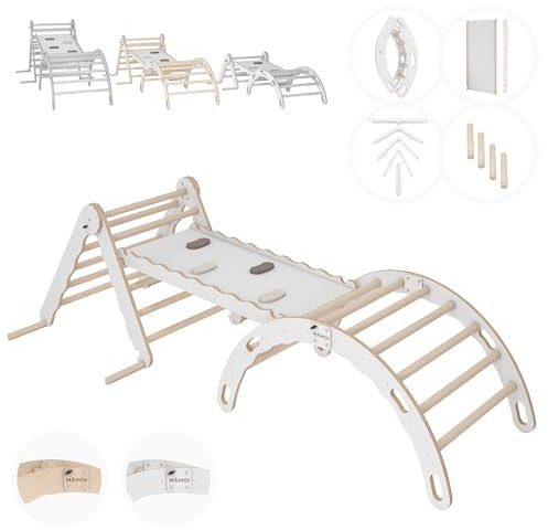 MAMOI® Set Klettergerüst Indoor, Kletterdreieck mit Rutsche aus Holz, Kletterbogen, Klettergerüst mit Rutschbrett, Holzbogen für Spielplatz, Montessori