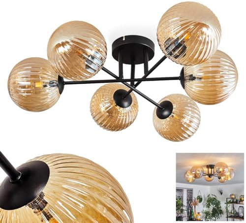 HOFSTEIN Deckenleuchte Chehalis, 6-flammige Deckenlampe aus Metall/Riffelglas in Schwarz/Bernstein, Leuchte im Retro/Vintage-Design, Ø Schirme 15 cm, G9, Esszimmer, Schlafzimmer, Wohnzimmer, Küche