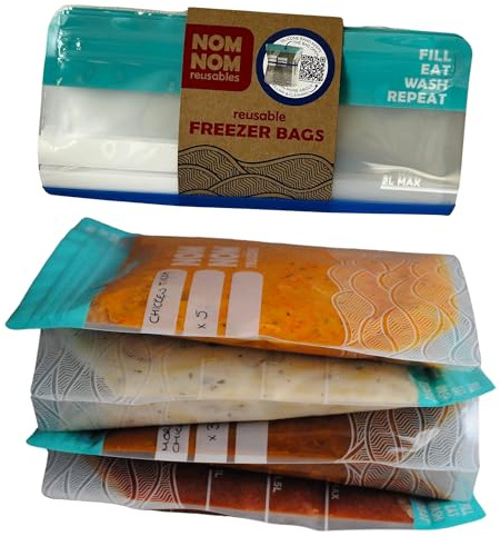 Reusable Freezer Bags x 4 | Nom Nom Reusables | Includes Easy Fill Silicone Band