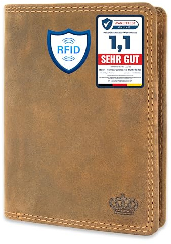 Baur Herren Geldbörse Echtes Büffelleder | Geldbeutel mit RFID Schutz | Portemonnaie Hochformat | Geldtasche mit Münzfach | Wallet mit viele Kartenfächer (Hochformat mit Druckknopf innen, Braun)
