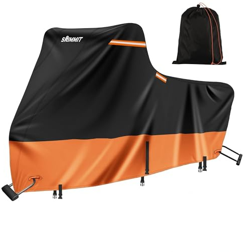 Motorradabdeckung Outdoor Wasserdicht,420D Heavy Duty Plane für Motorräder Mit Silberner Nano Beschichtung, 5 Reflektierende Streifen,2 BelüFtungsöFfnungen (1XL 218x99x129CM Schwarz-Orange)
