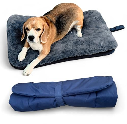 MIJOMA 2in1 Hundematte und Reisekissen - Luxuriöses Plüschdesign in Grau und wasserabweisend in Dunkelblau, Formstabil und Maschinenwaschbar, L 76 x 46 x 14 cm