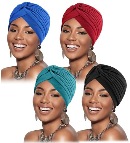 DRESHOW 4 Stücke Afrikanischen Turban für Damen Soft Vorgebunden Knot Mode Plissee Turban Hut Mütze Kopfwickel Schlafmütze