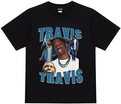 LI YA DENTAL Travis Hip-Hop Vintage T-Shirt Black Printed Tee Men Top Black L