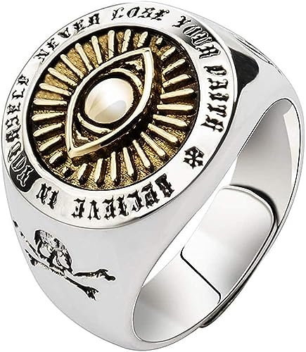 Zehenring, zweifarbig, 925er Sterlingsilber, Gold, Freimaurerring „Allsehendes Auge“, Freimaurerring „Auge Gottes“ mit Totenkopf und gekreuzten Knochen for Männer und Frauen, offen und verstellbar(63m