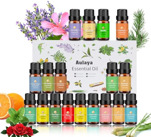 Ätherische Öle Set 18 x 10 ml, Lavendel, Eukalyptus, Weihrauch, Zitronengras, Rosmarin, Orange, Minze, Zitrone, Bergamotte, Ylang-Ylang, Grapefruit,Kamille, Rose, Vanille, Patchouli (Braun)