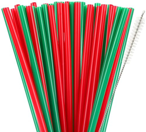 JANYUN 30 cannucce natalizie in plastica, riutilizzabili, rosse e verdi, 22,9 cm, cannucce natalizie in plastica dura, con spazzola per la pulizia, per feste, Natale, bomboniere, forniture per