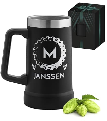 Maverton Isolierter Bierkrug mit Gravur 700 ml Schwarz - Edelstahl Bierglas mit Namen - mit funktionellem Henkel - personalisierte Geschenke Männer - Bier Geschenke für Männer