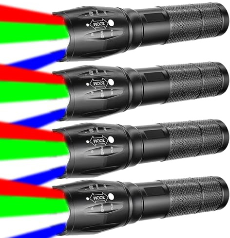 Lot de 4 lampes de poche LED rechargeables avec zoom rouge, vert, bleu, blanc