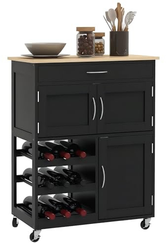 HOMCOM Carrello da Cucina con 9 Portabottiglie, 3 Ante, 4 Ruote e Cassetto, Mobiletto Cucina Salvaspazio con Piano in Legno di Gomma, per Soggiorno, 67x37x87 cm, Nero e Rovere