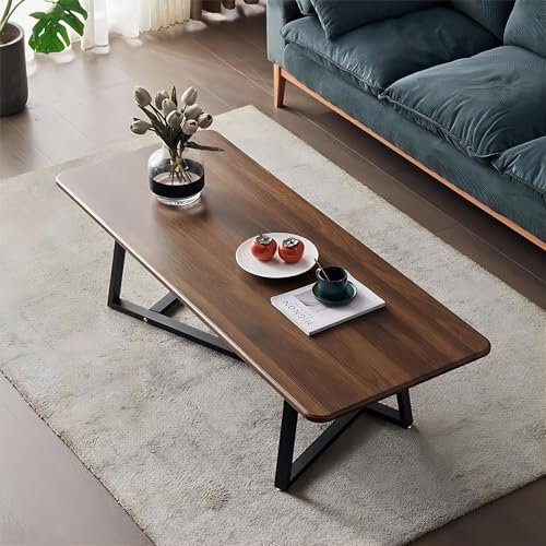 Table basse de luxe en noyer avec cadre en métal et pieds pour le salon, table à cocktail rectangulaire industrielle moderne, simple, industrielle, de taille moyenne, table basse en métal vintage en