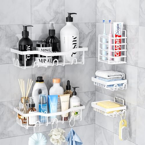 PKBD Rustproof Stainless Steel Shower Caddy 5 Pack, Bathroom Storage Accessory Shelf Organiser No Drilling Hanging, Soap Toothbrush Holder Set, Kitchen Wall Mounted Corner Decor, White