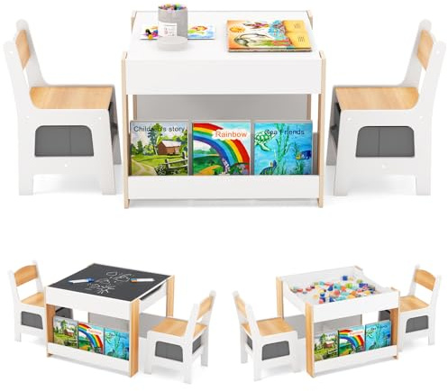 GYMAX Set Tavolino per Bambini con 2 Sedie, 4 in 1 Tavolino e Sedia con Lavagna Rimovibile e Deposito, Salvaspazio per Disegnare, Leggere, Asilo e Cameretta (Naturale)