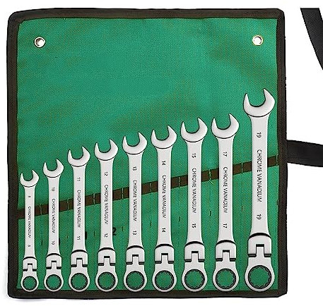 Set Chiavi Inglese Set di chiavi a cricchetto con testa flessibile, chiavi a cricchetto in acciaio al cromo vanadio, kit di chiavi combinate con custodia in tela Chiavi Inglese(9 pcs(8-19mm) G)