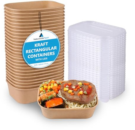 Nationwide Paper 500ml Rectangular Kraft Disposable Food Containers with Lids, 100-Pack Heavy-Duty Takeaway Boxes for Restaurants, Parties, and Meal Prep - Brown